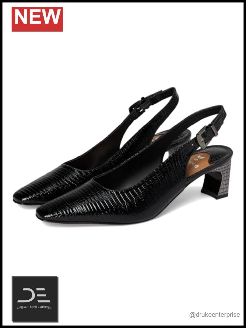Womens Square Toe Block Heel Pump Reptile Print Buckle Slingback Memory Foam PU